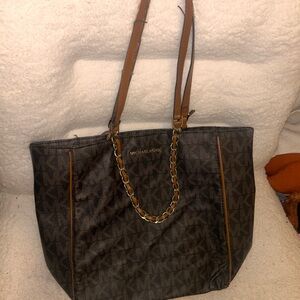 Michael Kors Black and Brown Monogram Tote with Gold Chain